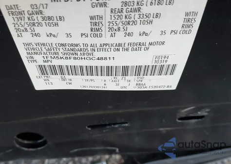 2017 Ford Explorer Limited from USA, damaged, VIN 1FM5K8F80HGC48811